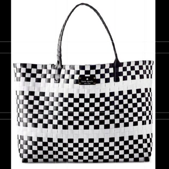 NEW Giant HUGE Woven Tote Kate Spade Black and White Beach Bag Weekender Travel - Picture 4 of 9